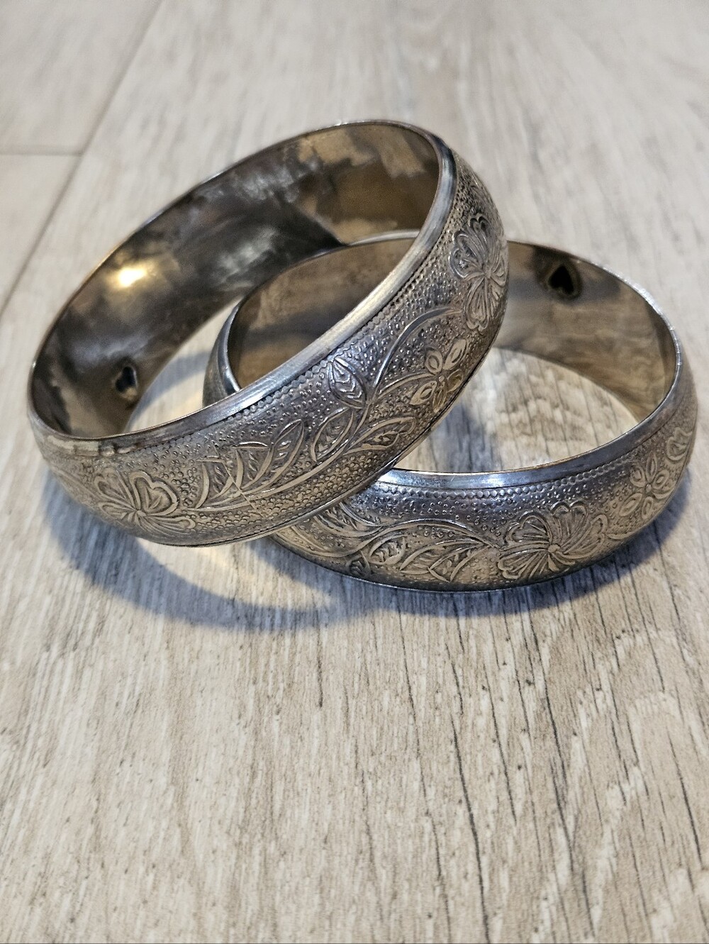 Vintage Silver-toned Bangle Bracelets (Lot Of 2) Raised Floral Pattern